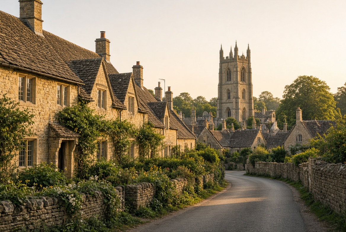A Cotswold village lane with a church tower