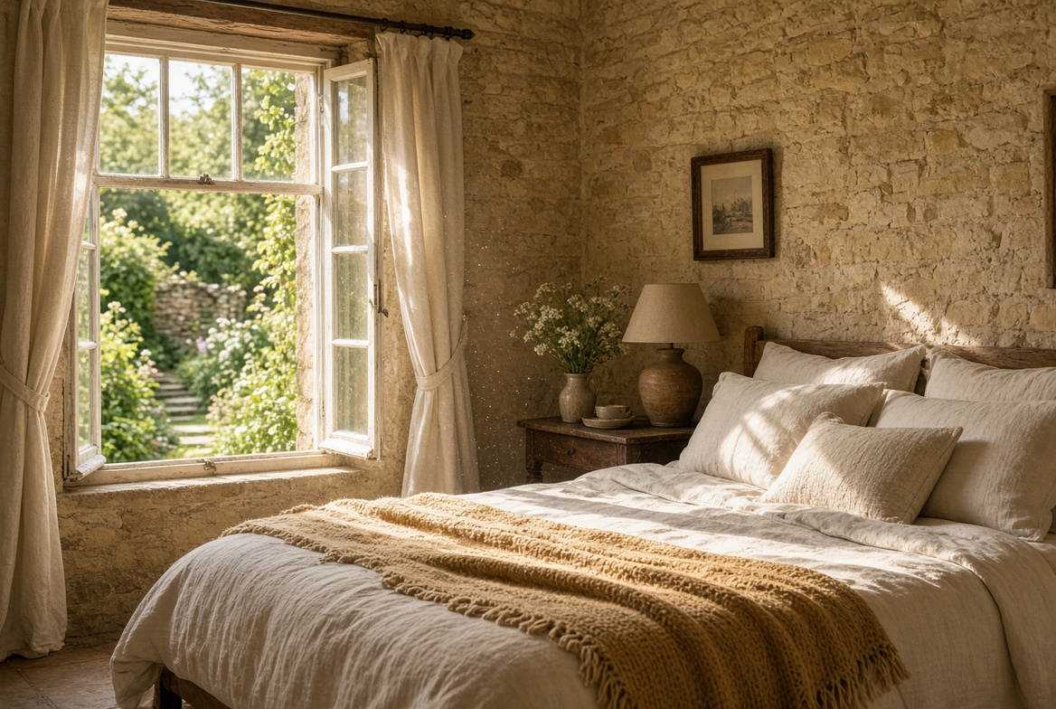 A made bed in a Cotswold cottage, window open onto the garden in morning light