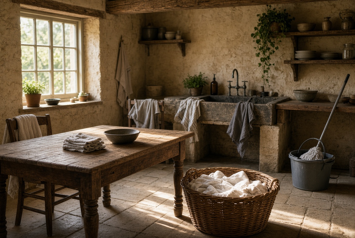 A cottage kitchen mid-clean, linen in a basket
